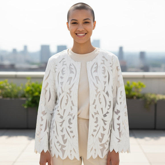 Weavz Vintage White Grey Laser Cut Faux Leather Jacket Cardigan Size L - Picture 1 of 6